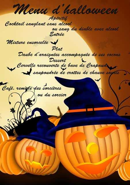 Menu d`Halloween 2015 avec citrouilles qui rit et chauve souris